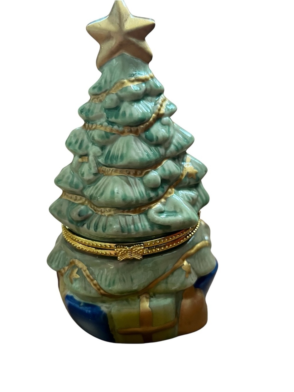 VTG 90’s ceramic Christmas tree hinged trinket box keepsake box Collectible